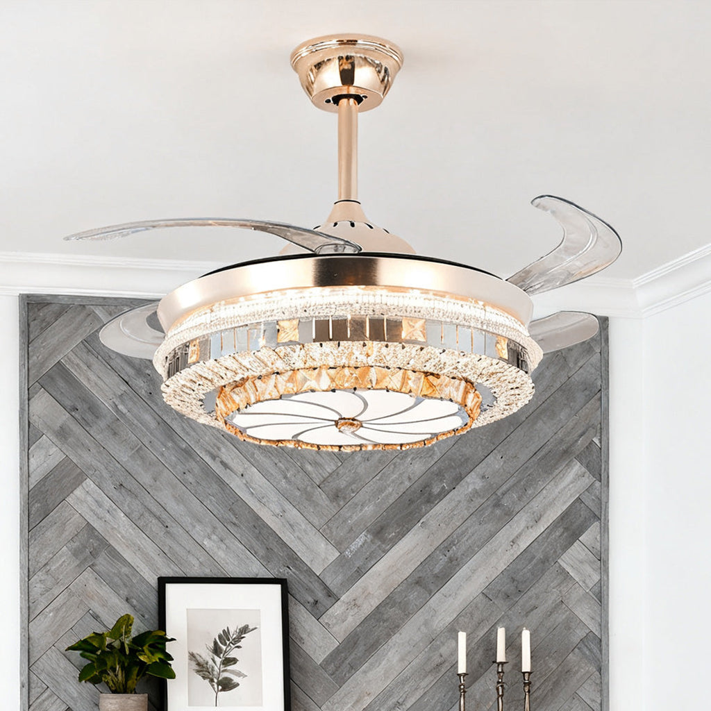 Gold Crystal Ceiling Fan Light – 4-Blade Invisible Lamp