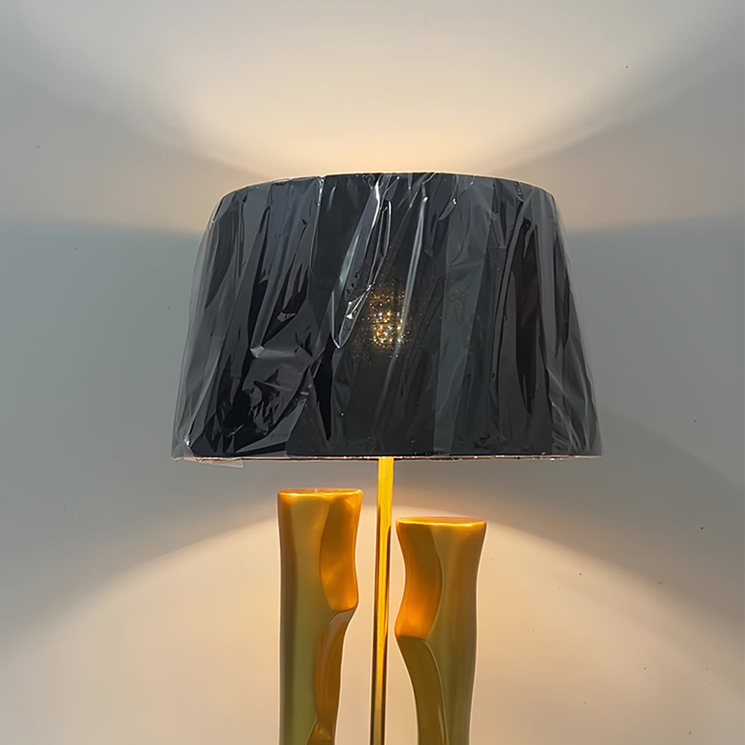 Gold and Black Sculptural Table Lamp with Elegant Drum Shade