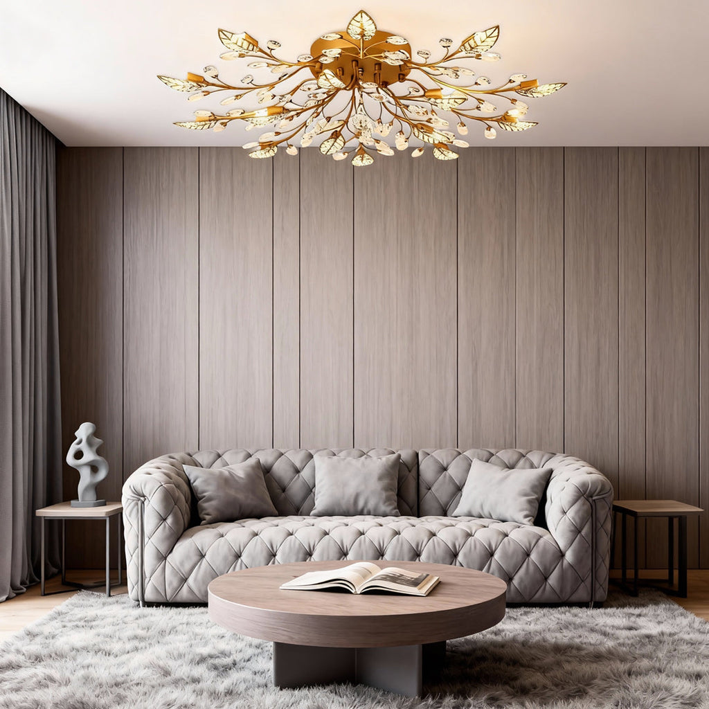 Brass Branch Chandelier - Modern Crystal Leaf Ceiling Light