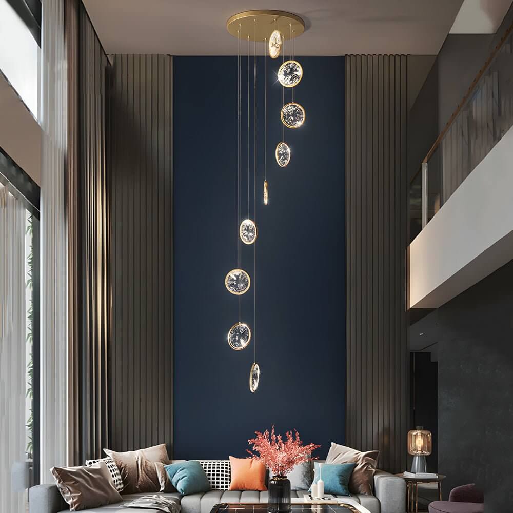 Gold Crystal Staircase Chandelier - Elegant Lighting Fixture, Luxury Home Decor, Modern Crystal Design, Grand Staircase Illumination, High-End Light Fixture, Opulent Gold Chandelier, Stunning Crystal Accents, Statement Ceiling Light