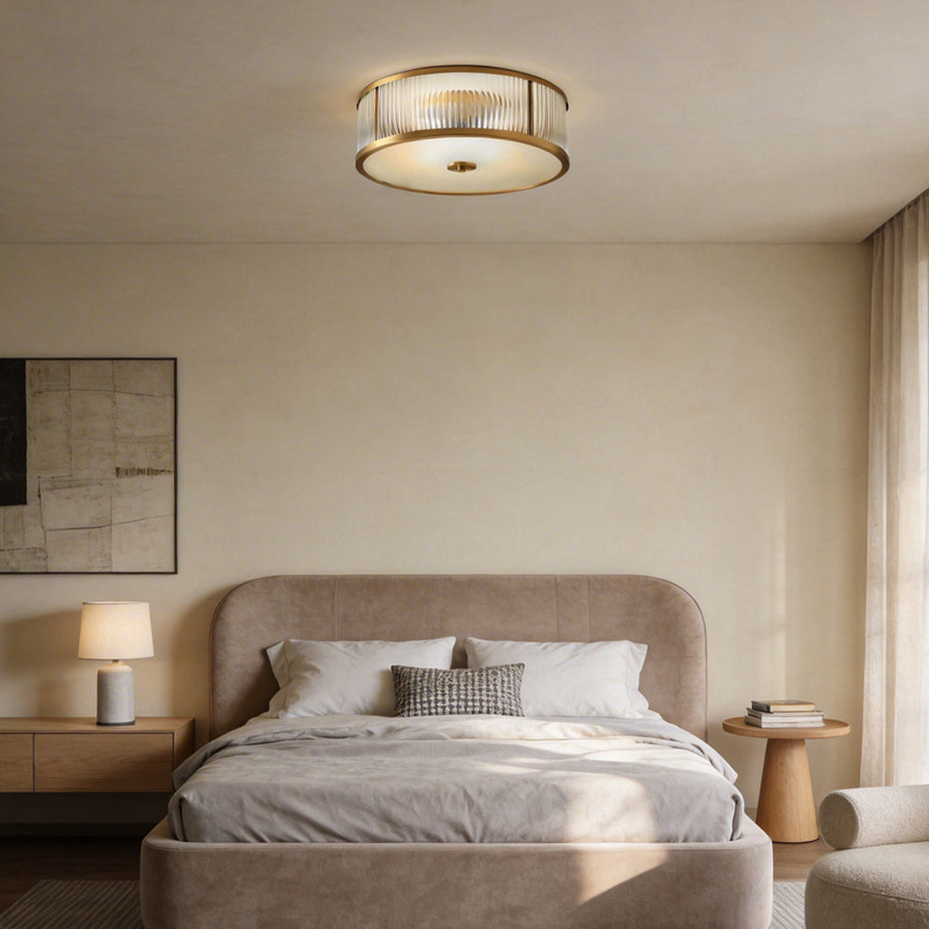 Gold Drum Ceiling Light - American Style Brass Fixture, Cylindrical Pendant Lamp