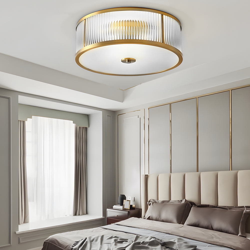Gold Drum Ceiling Light - American Style Brass Fixture, Cylindrical Pendant Lamp