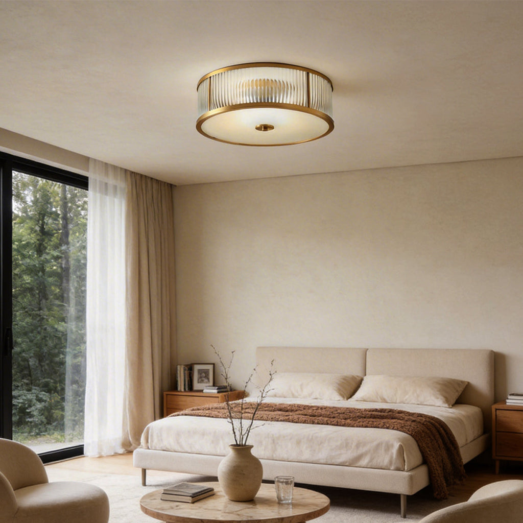 Gold Drum Ceiling Light - American Style Brass Fixture, Cylindrical Pendant Lamp