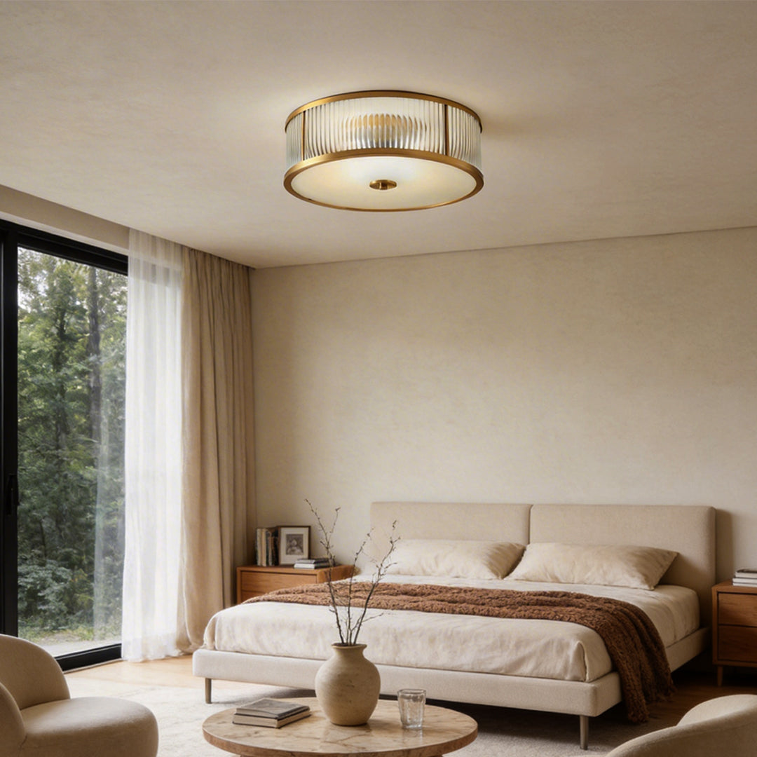 Gold Drum Ceiling Light - American Style Brass Fixture, Cylindrical Pendant Lamp