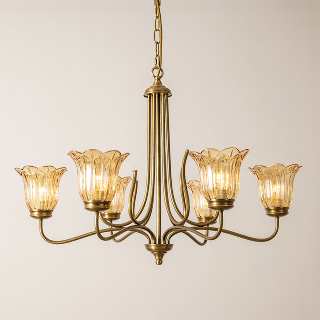 Vintage Gold Glass Chandelier - Copper Ceiling Light Fixture