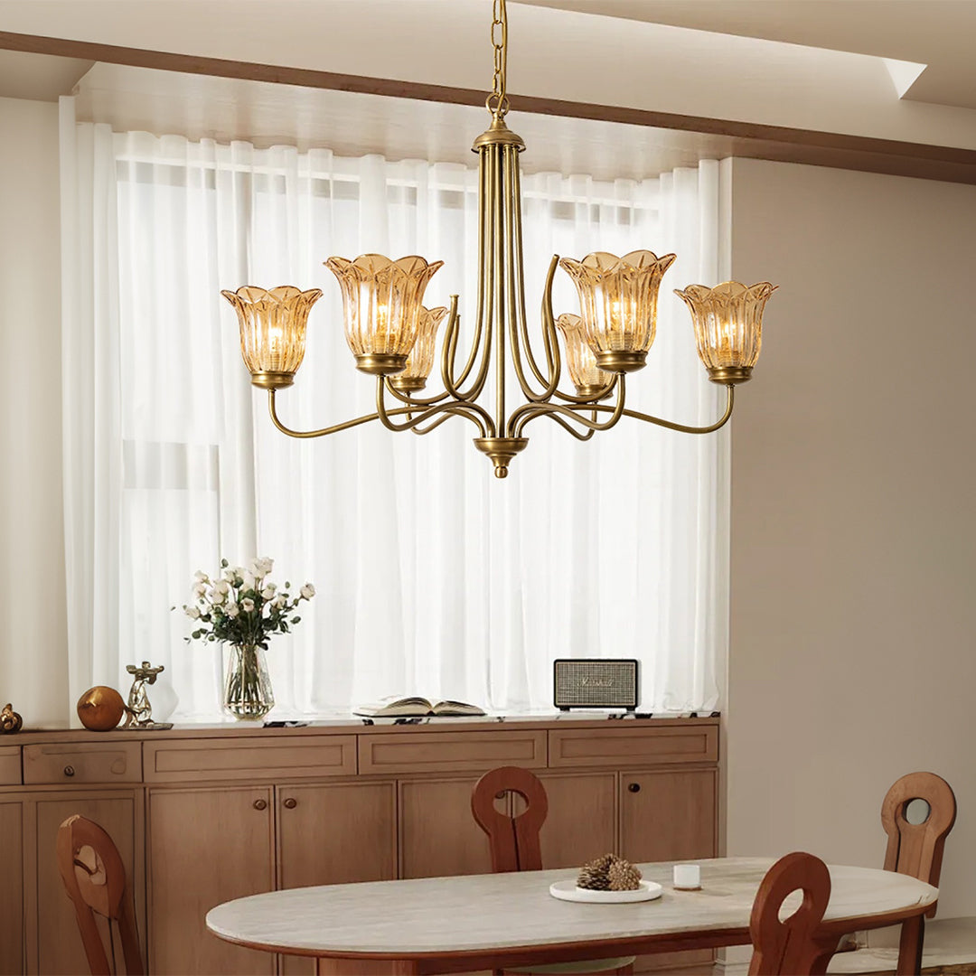 Vintage Gold Glass Chandelier - Copper Ceiling Light Fixture