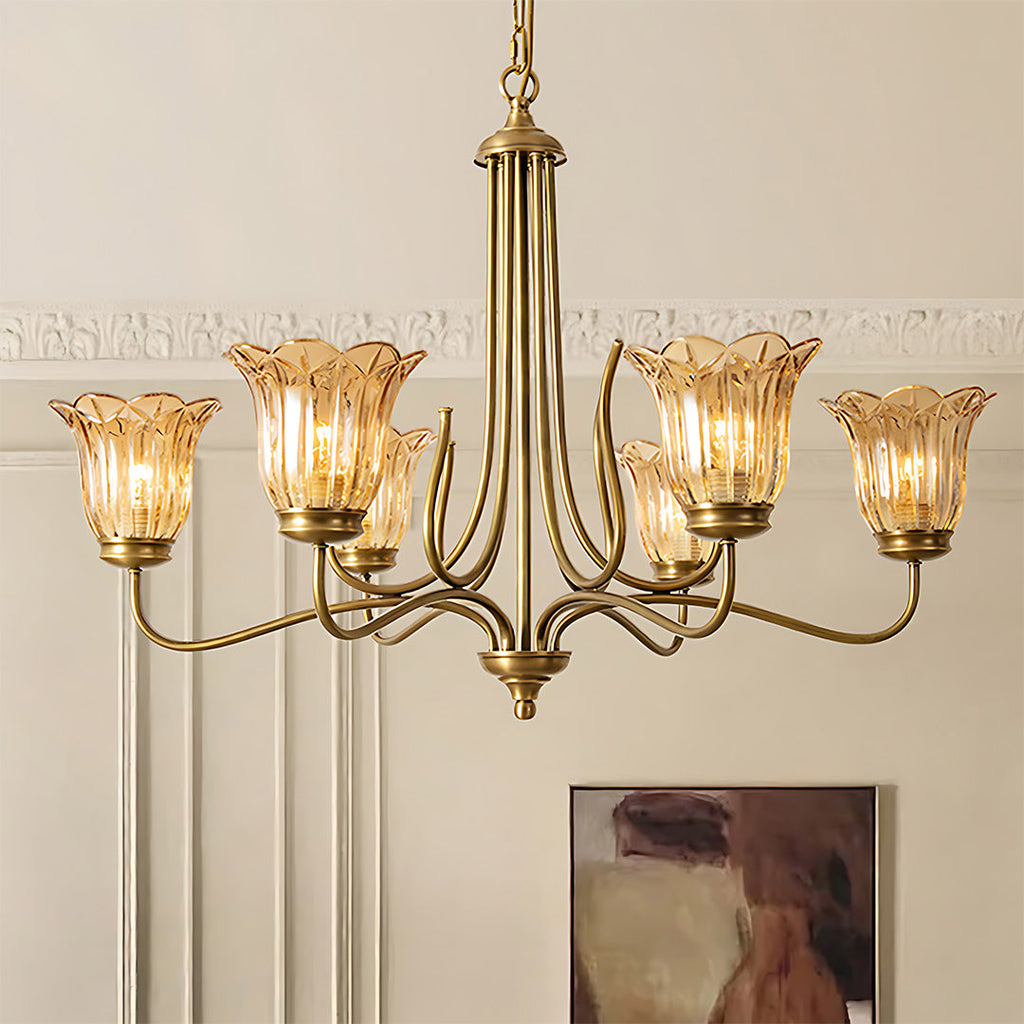 Vintage Gold Glass Chandelier - Copper Ceiling Light Fixture