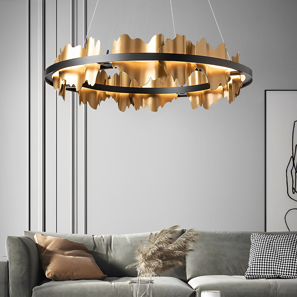 Gold Leaf Chandelier Modern Metal Round LED Ceiling Light