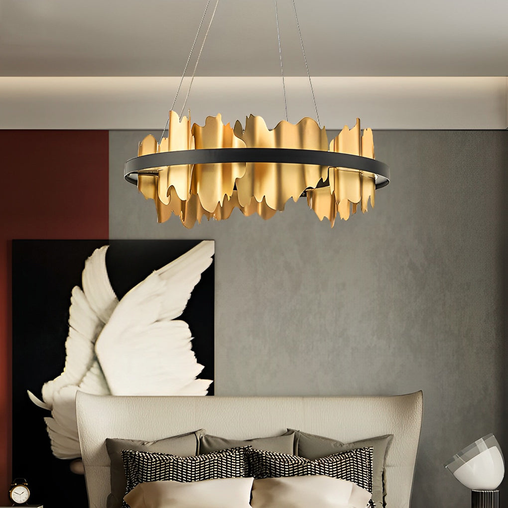 Gold Leaf Chandelier Modern Metal Round LED Ceiling Light