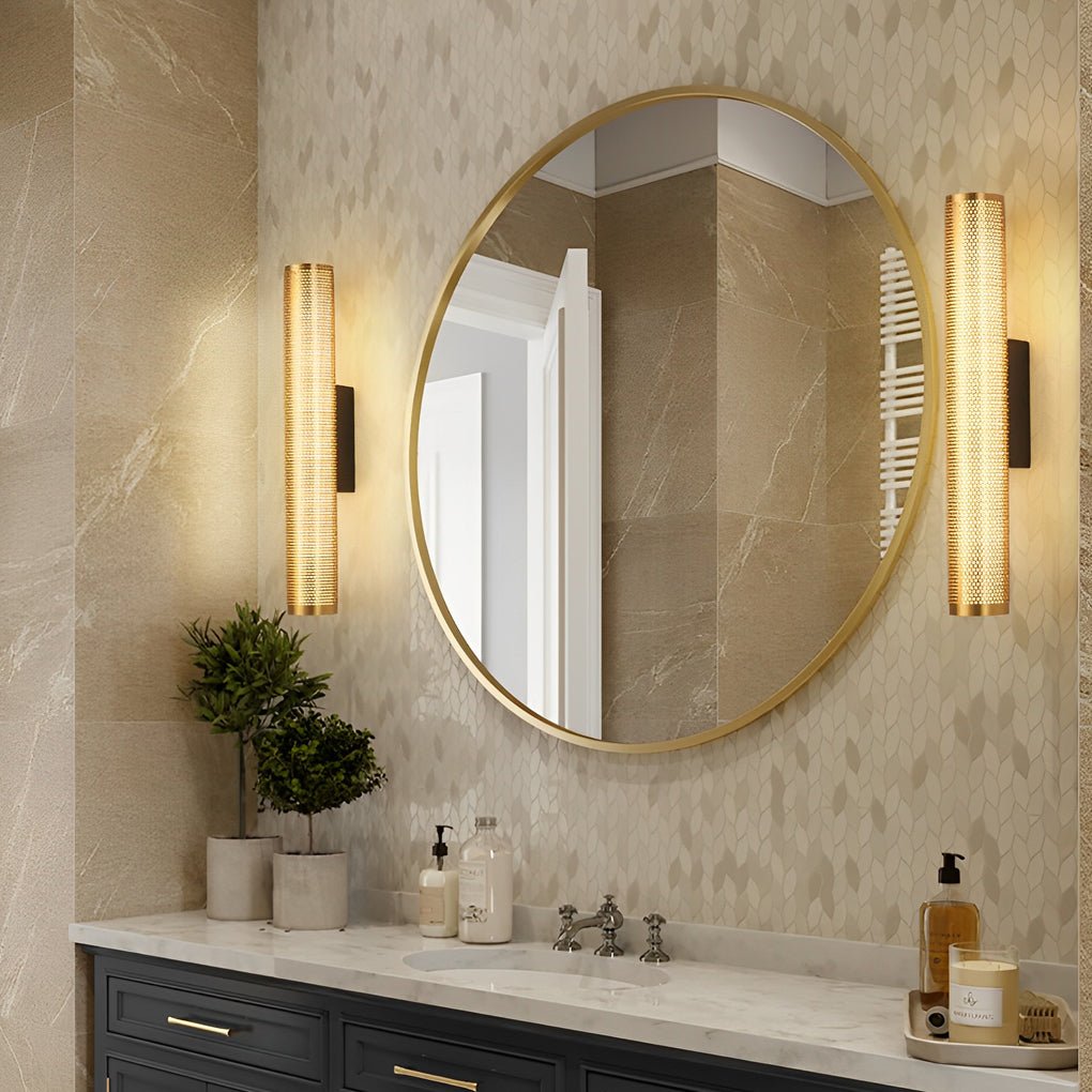 Gold Perforated Cylindrical Bathroom Vanity Light with Mesh Design, Modern Gold Bathroom Lighting Fixture, Stylish Wall Sconce for Bathroom, Unique Mesh Pattern Vanity Light, Contemporary Decorative Lighting for Bath, Elegant Gold Wall Light for Makeup Ar