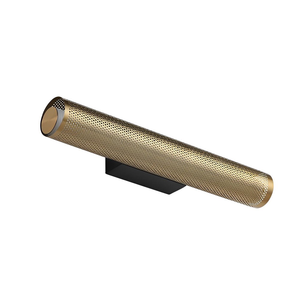 Gold Perforated Cylindrical Bathroom Vanity Light with Mesh Design, Modern Gold Bathroom Lighting Fixture, Stylish Wall Sconce for Bathroom, Unique Mesh Pattern Vanity Light, Contemporary Decorative Lighting for Bath, Elegant Gold Wall Light for Makeup Ar
