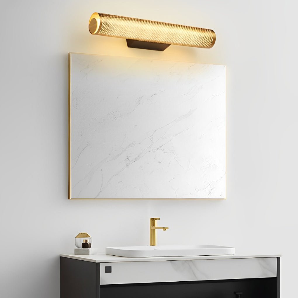 Gold Perforated Cylindrical Bathroom Vanity Light with Mesh Design, Modern Gold Bathroom Lighting Fixture, Stylish Wall Sconce for Bathroom, Unique Mesh Pattern Vanity Light, Contemporary Decorative Lighting for Bath, Elegant Gold Wall Light for Makeup Ar
