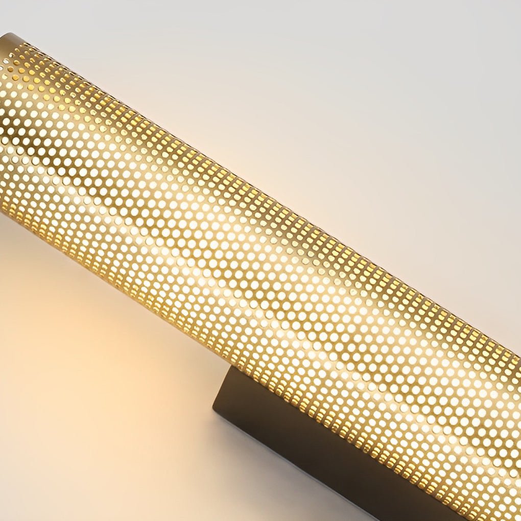 Gold Perforated Cylindrical Bathroom Vanity Light with Mesh Design, Modern Gold Bathroom Lighting Fixture, Stylish Wall Sconce for Bathroom, Unique Mesh Pattern Vanity Light, Contemporary Decorative Lighting for Bath, Elegant Gold Wall Light for Makeup Ar