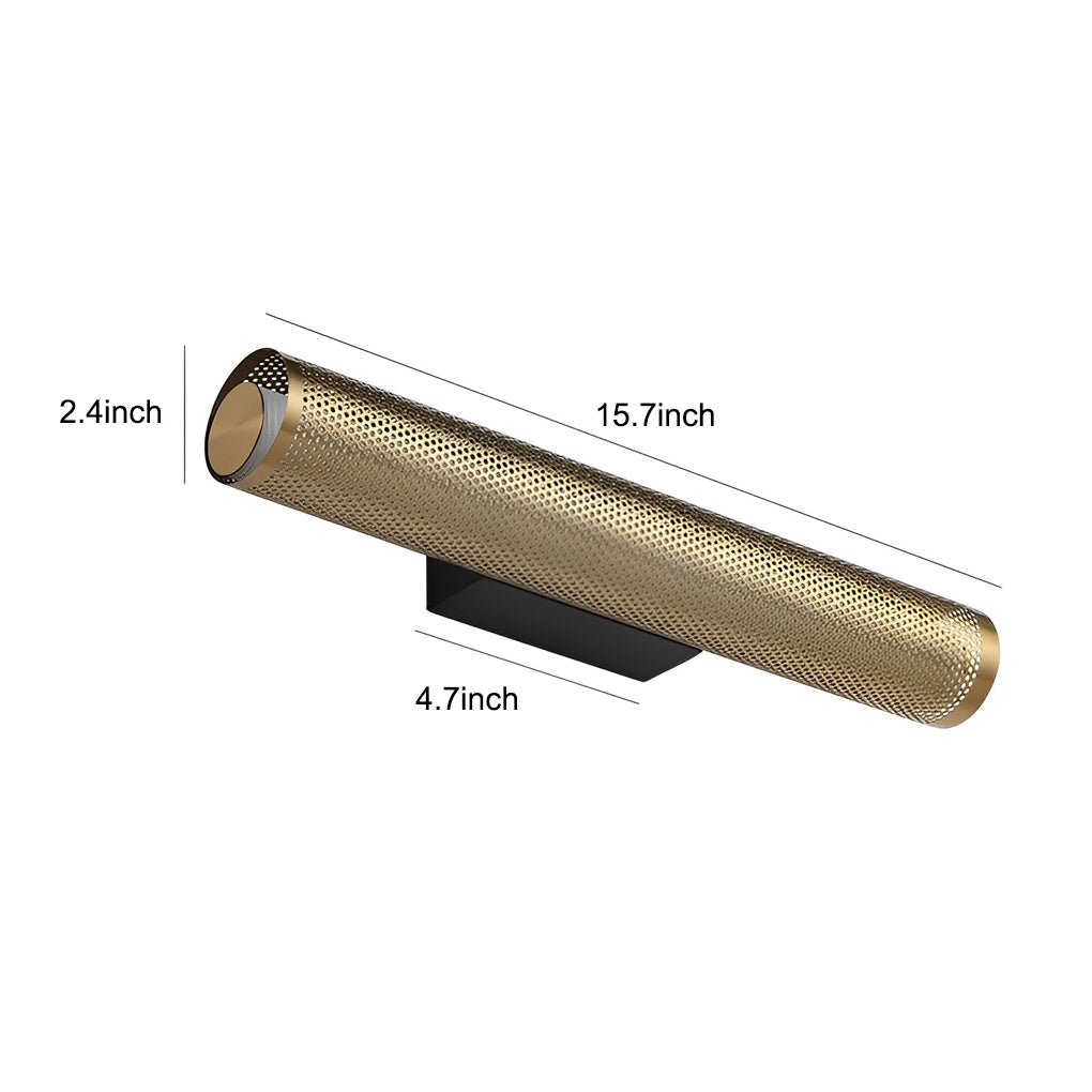 Gold Perforated Cylindrical Bathroom Vanity Light with Mesh Design, Modern Gold Bathroom Lighting Fixture, Stylish Wall Sconce for Bathroom, Unique Mesh Pattern Vanity Light, Contemporary Decorative Lighting for Bath, Elegant Gold Wall Light for Makeup Ar