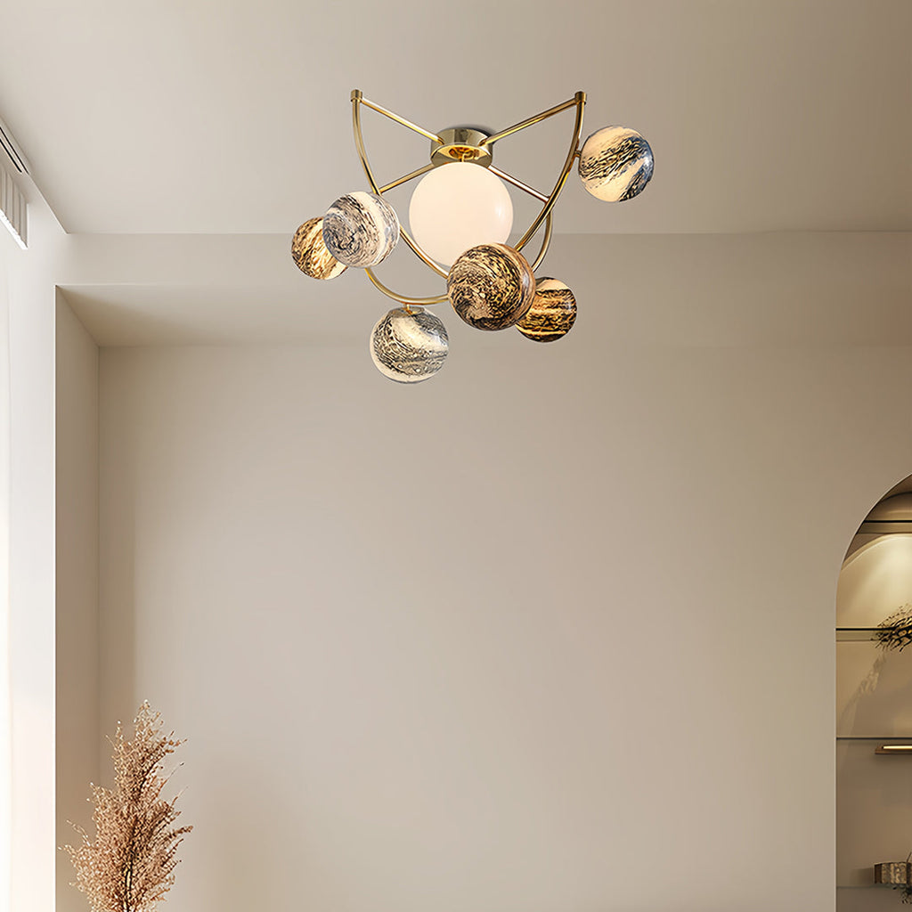 Gold Semi Flush Ceiling Light - Minimalist Planet Art Design, Modern Lighting Fixture for Home Decor