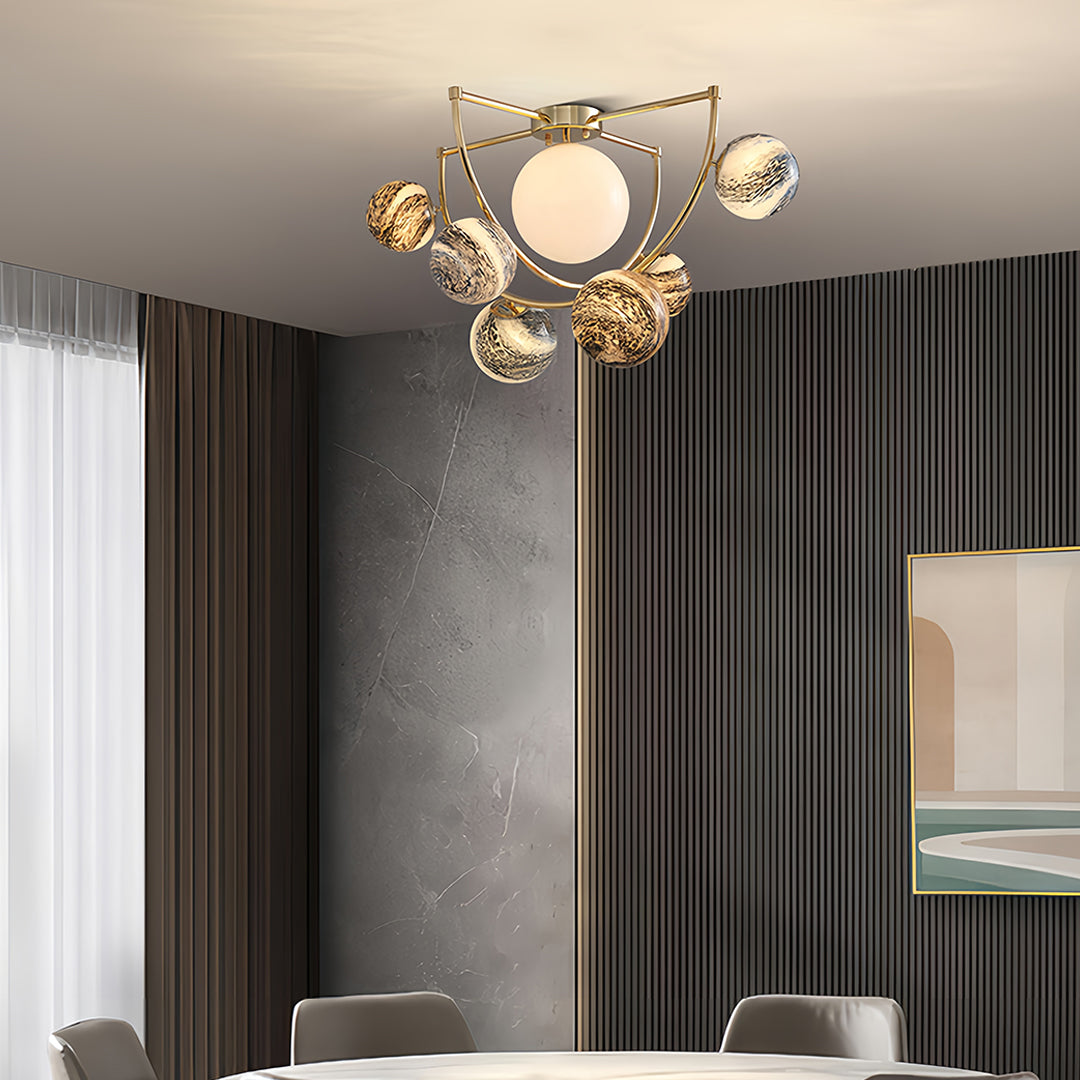 Gold Semi Flush Ceiling Light - Minimalist Planet Art Design, Modern Lighting Fixture for Home Decor