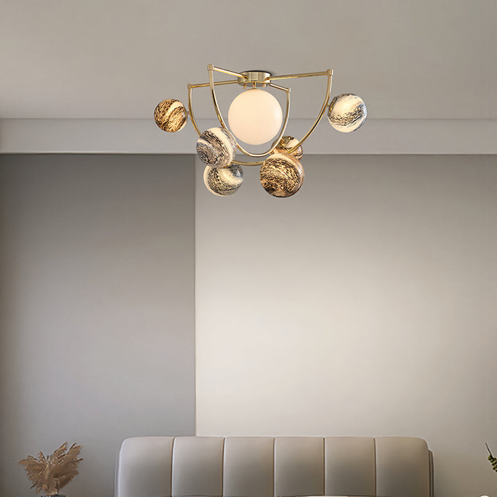 Gold Semi Flush Ceiling Light - Minimalist Planet Art Design, Modern Lighting Fixture for Home Decor