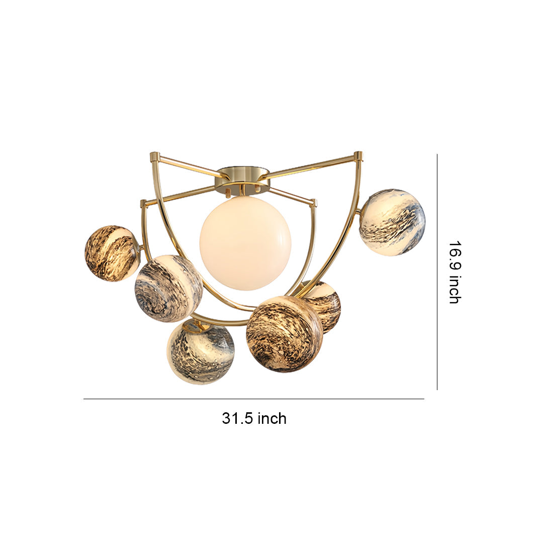 Gold Semi Flush Ceiling Light - Minimalist Planet Art Design, Modern Lighting Fixture for Home Decor