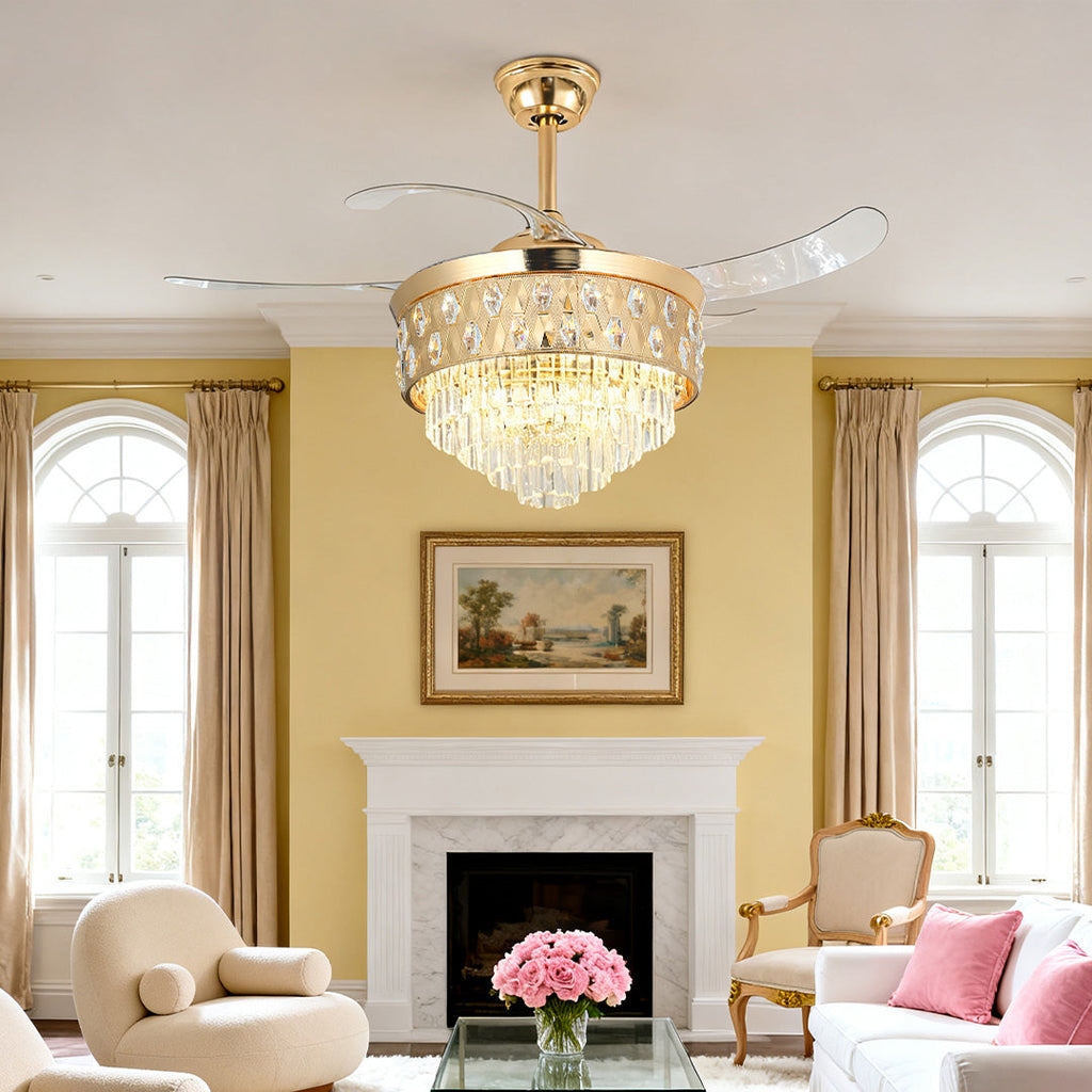 Luxury Gold Iron Ceiling Fan with Crystal Pendant Light