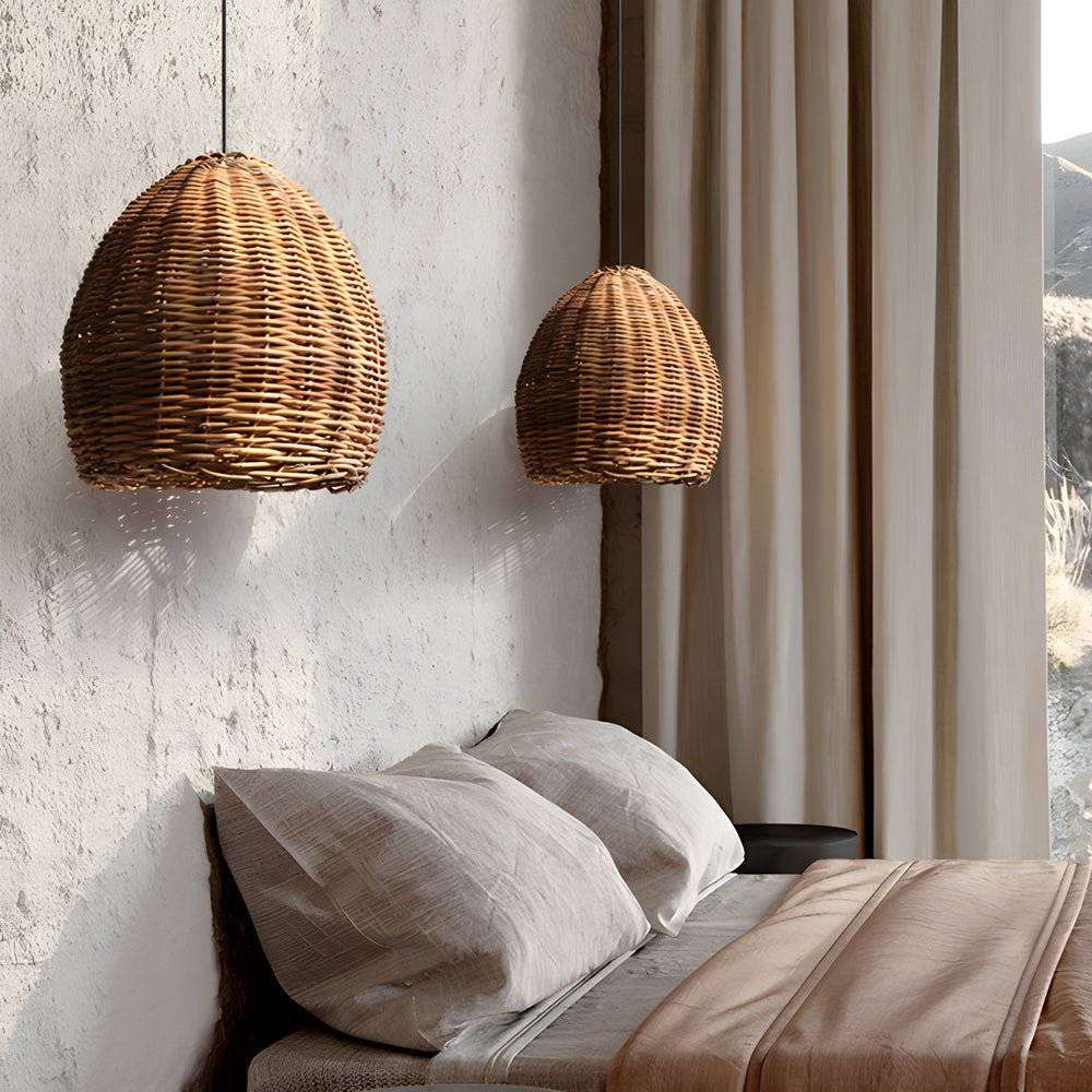 Handmade Leather Rattan Lampshade Chandelier - Wabi-Sabi Japanese Style LED Light