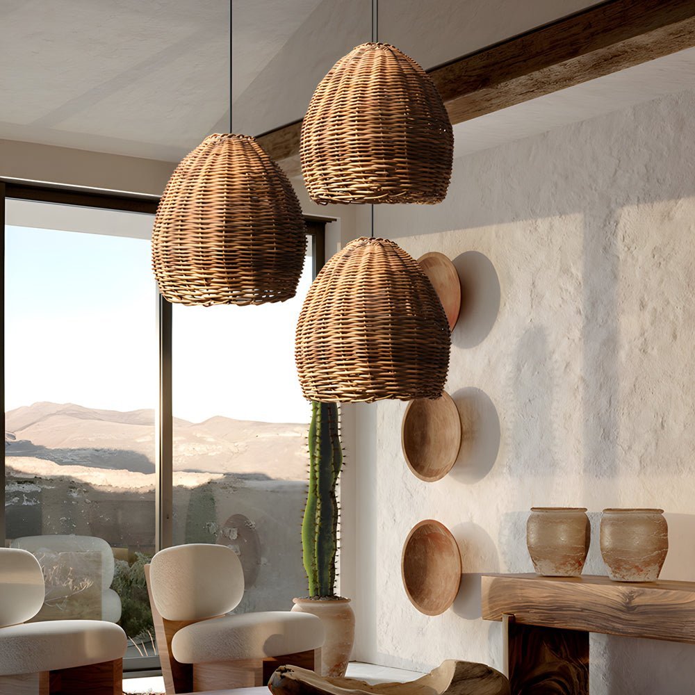 Handmade Leather Rattan Lampshade Chandelier - Wabi-Sabi Japanese Style LED Light