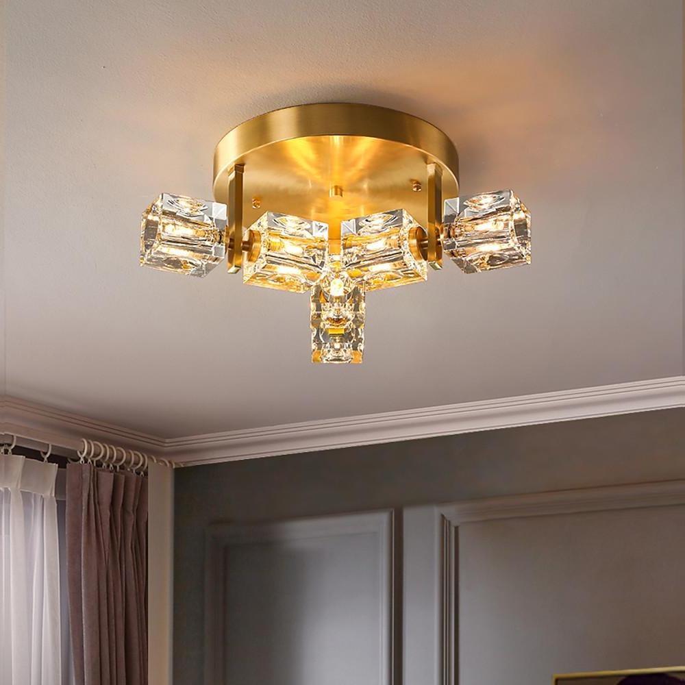 6-Light Crystal Brass Flush Mount LED Ceiling Light
