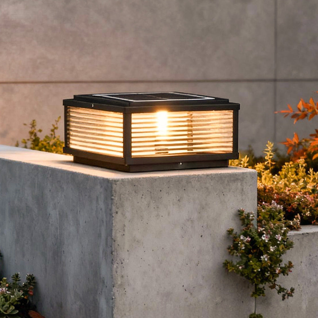 Square Ribbed Glass Metal Outdoor Light - Modern Pillar Fixture