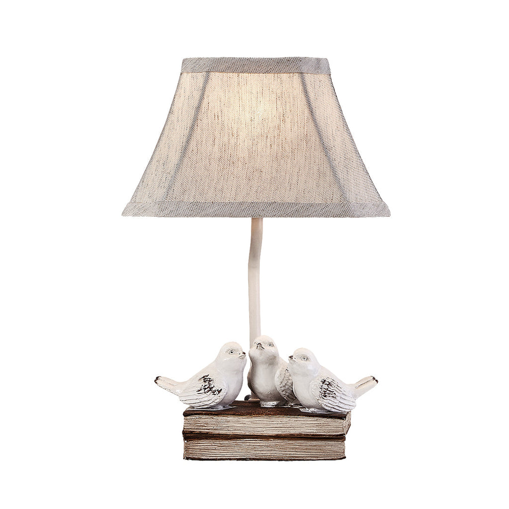 Small Bird Table Lamp - French Design with Stacked Books Fabric Shade