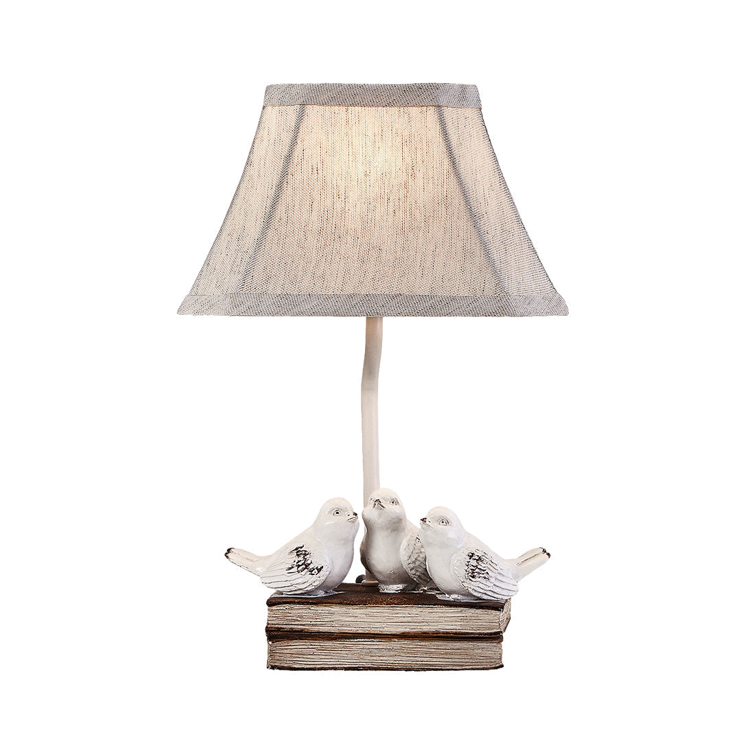 Small Bird Table Lamp - French Design with Stacked Books Fabric Shade