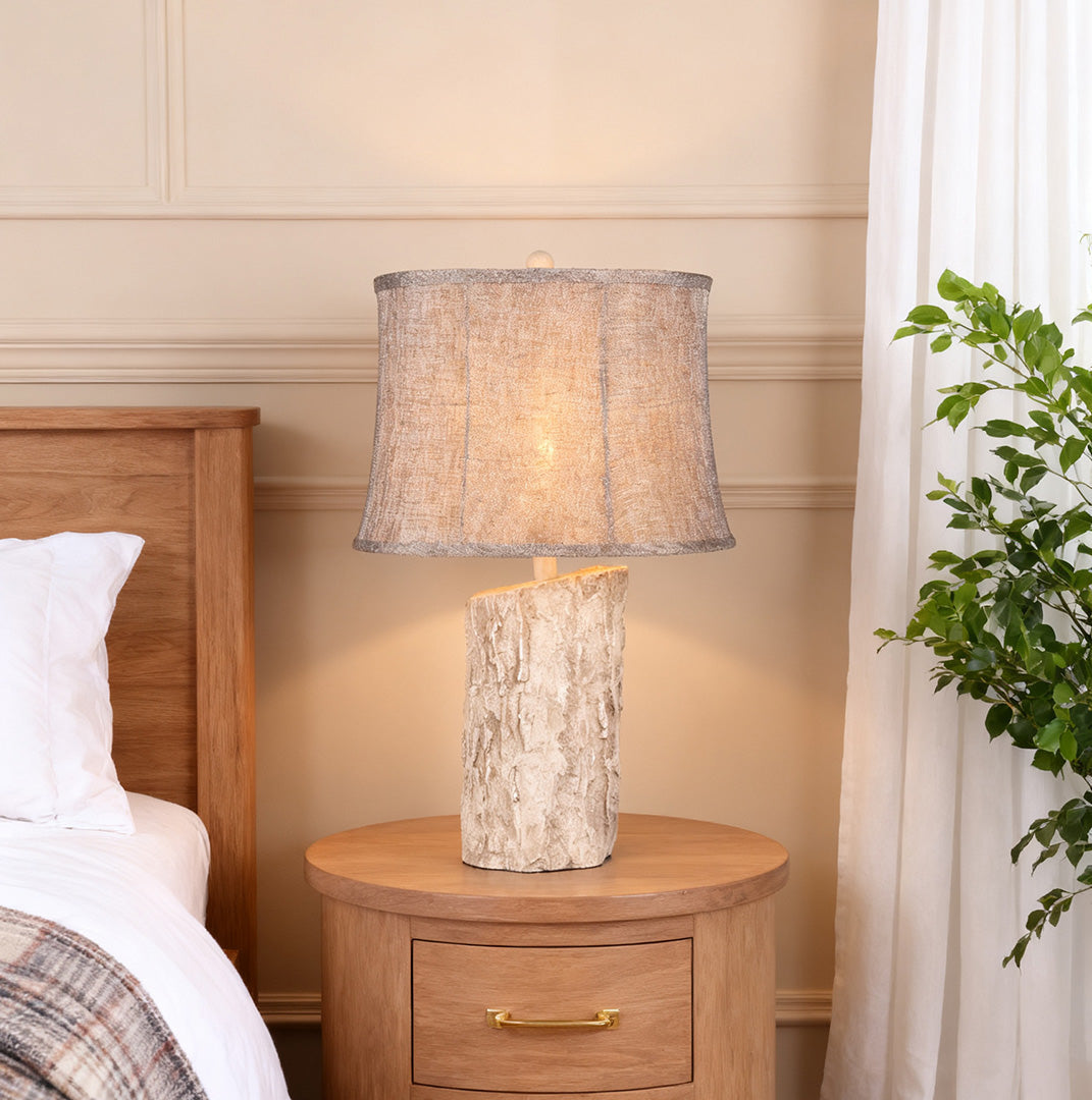 White Wood Table Lamp with Bark Fabric Shade - Ambient Lighting for Home Decor