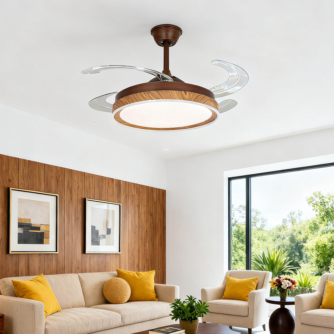 Ceiling Fan with 4 Lights - Walnut Wood Grain, Silent Iron Body Lamp