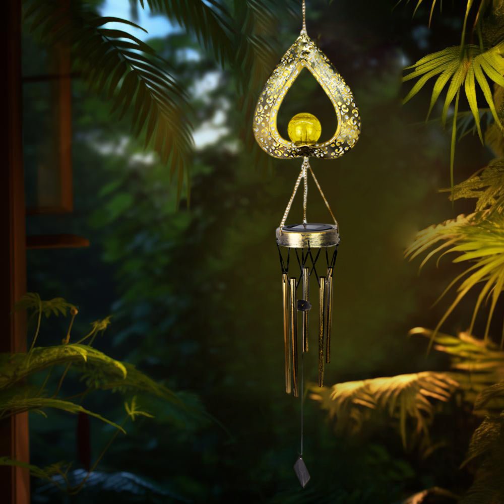 Iron Heart Wind Chimes Pendant LED Solar Lights - Waterproof Hanging Decor