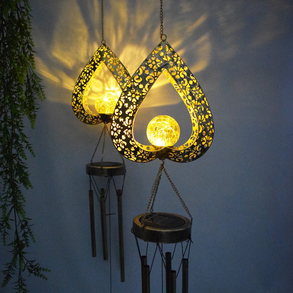 Iron Heart Wind Chimes Pendant LED Solar Lights - Waterproof Hanging Decor