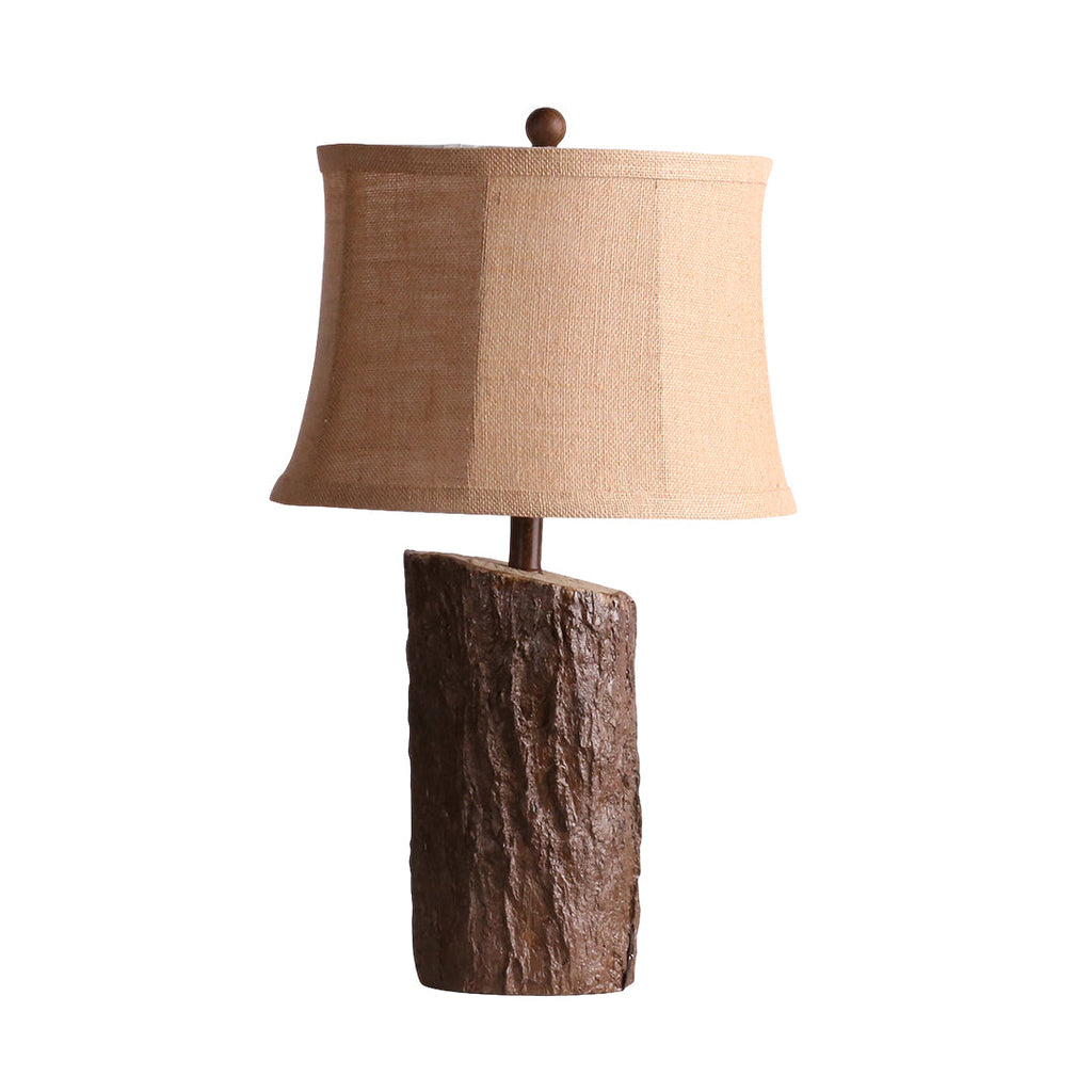 Faux Wood Table Lamp with Bark-Textured Fabric Shade - Rustic Nightstand Lighting