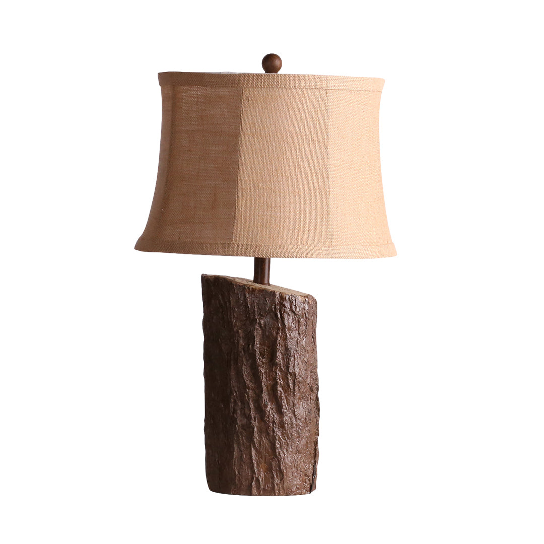 Faux Wood Table Lamp with Bark-Textured Fabric Shade - Rustic Nightstand Lighting