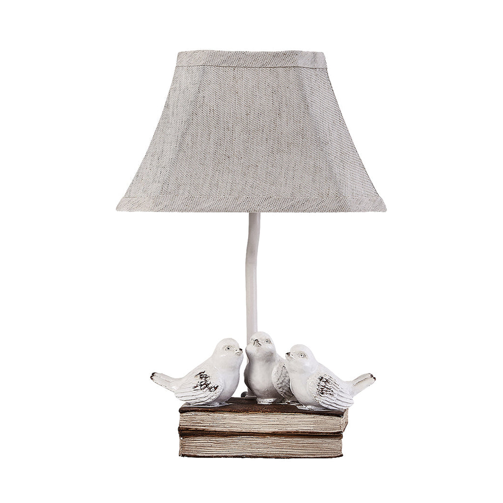 Small Bird Table Lamp - French Design with Stacked Books Fabric Shade