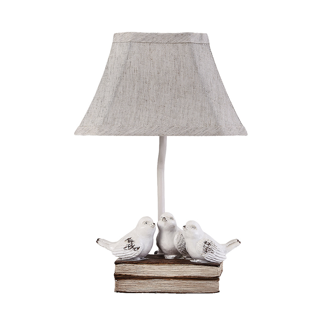 Small Bird Table Lamp - French Design with Stacked Books Fabric Shade