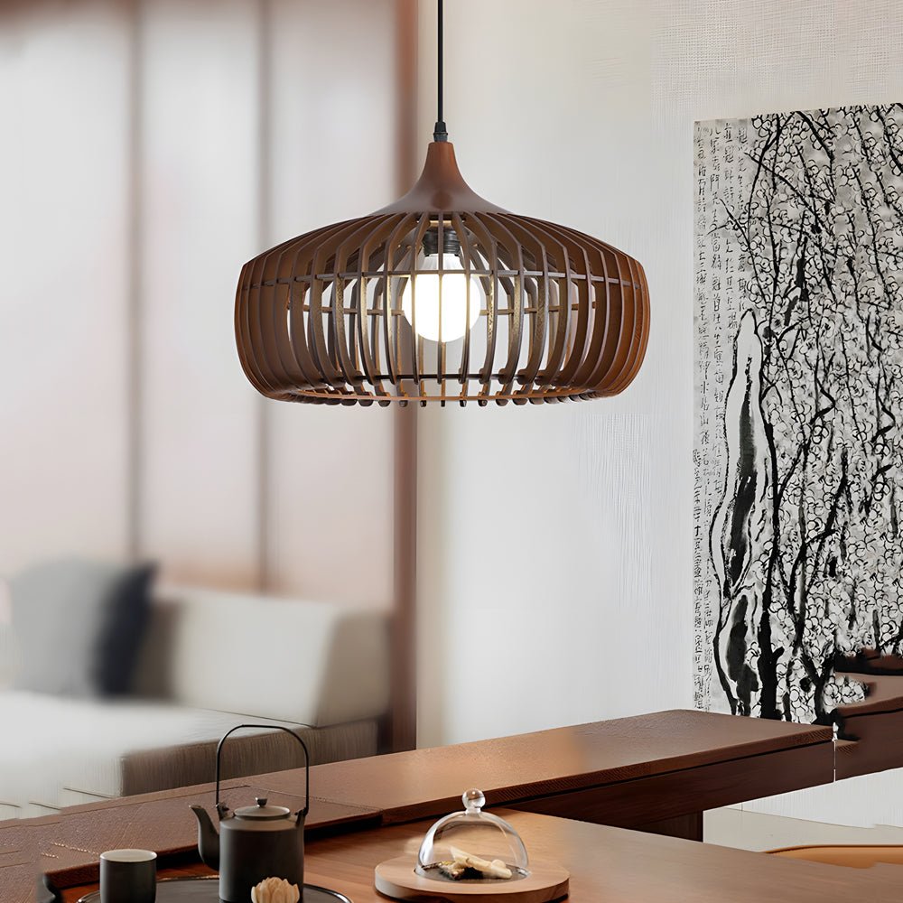 Japanese Wood Cage Pendant Light - 1-Light Ceiling Fixture, Modern Hanging Lamp, Rustic Home Decor