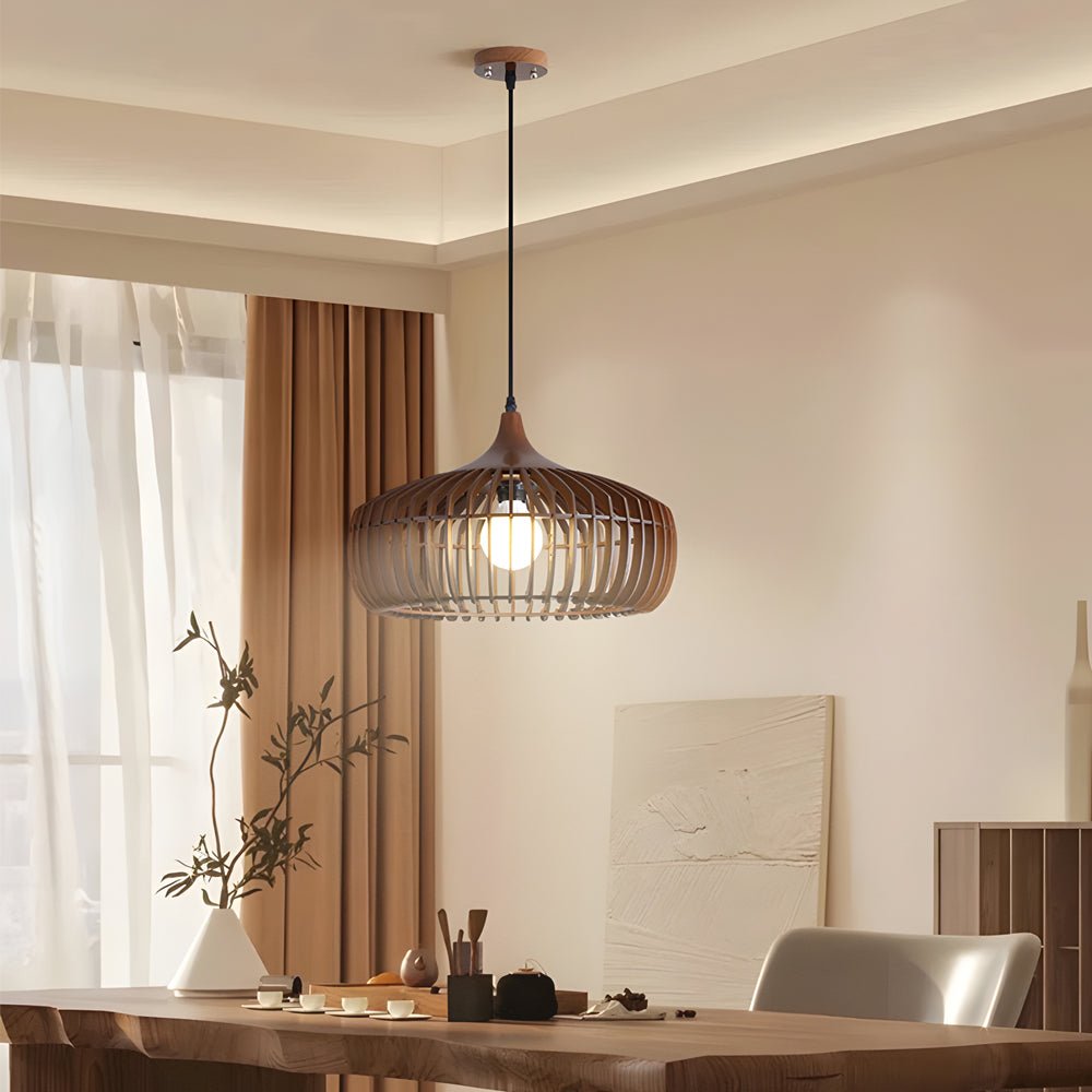 Japanese Wood Cage Pendant Light - 1-Light Ceiling Fixture, Modern Hanging Lamp, Rustic Home Decor