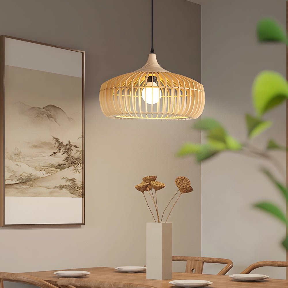 Japanese Wood Cage Pendant Light - 1-Light Ceiling Fixture, Modern Hanging Lamp, Rustic Home Decor