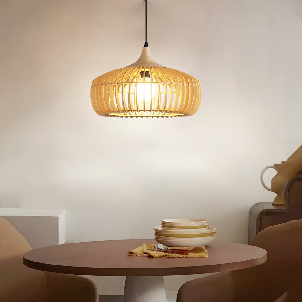Japanese Wood Cage Pendant Light - 1-Light Ceiling Fixture, Modern Hanging Lamp, Rustic Home Decor