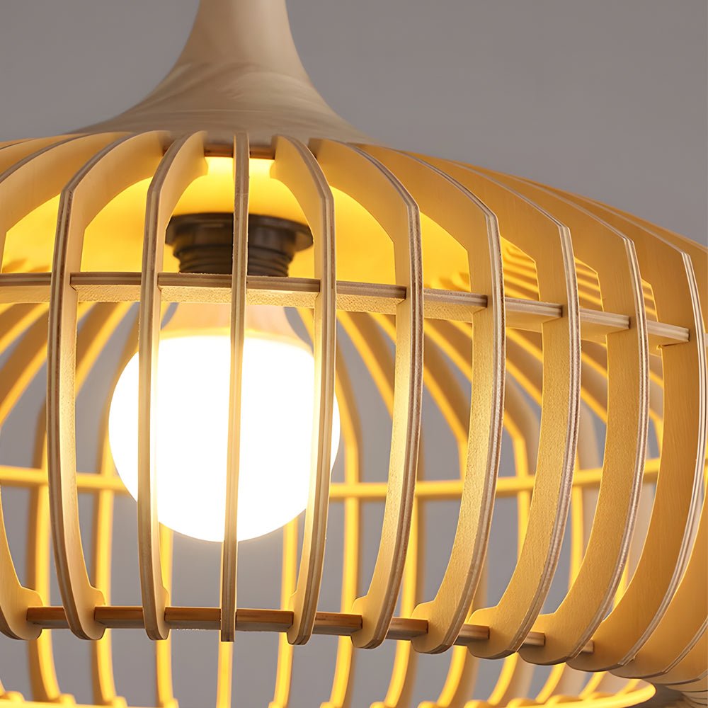Japanese Wood Cage Pendant Light - 1-Light Ceiling Fixture, Modern Hanging Lamp, Rustic Home Decor