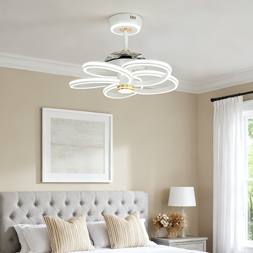 White Ceiling Fan Light Fixture | Variable Frequency Flower Design Iron Art Lamp