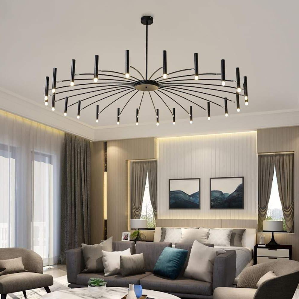 Modern 24-Light Round Chandelier - 63'' Dia, Adjustable Height, Black Finish, LED Lighting