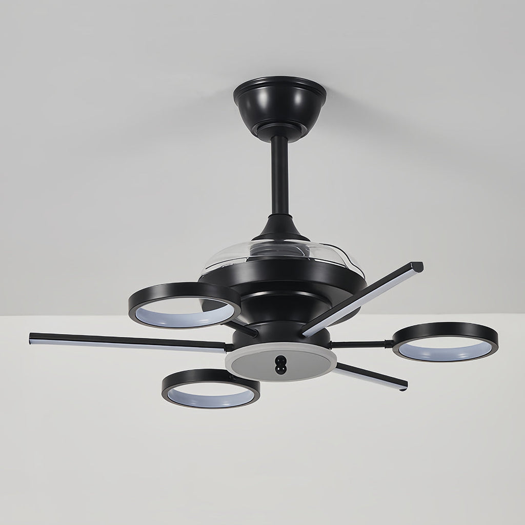 French Vintage Black Iron Ceiling Fan with 3 Blades and Multiple Lights
