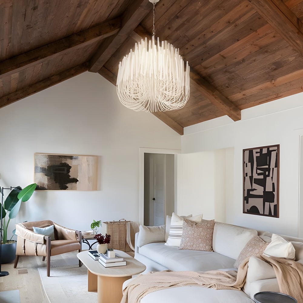 Organic Stick Chandelier - White Painted Wooden Ceiling Light