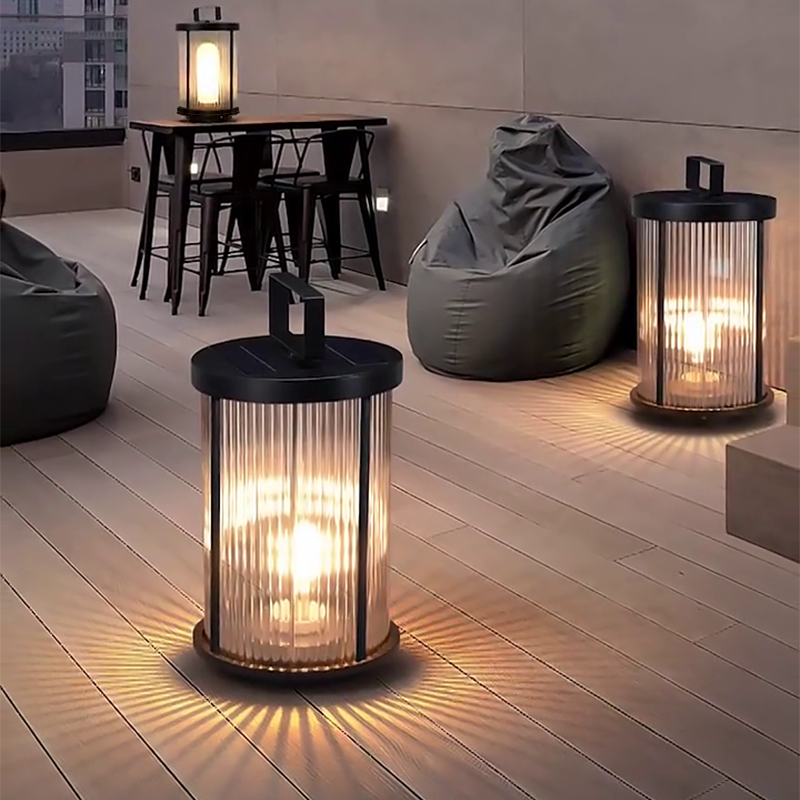 LED Solar Lanterns Outdoor Striped Glass Lamp