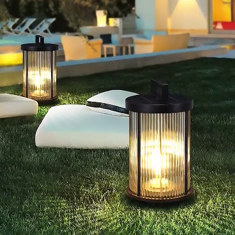 LED Solar Lanterns Outdoor Striped Glass Lamp