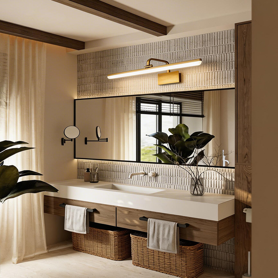 Modern Brass Curved Arm Light Bar Vanity Elegant Fixture Wall Lighting for Bathroom, Makeup, Dressing Room, Contemporary Home Décor, Stylish Illumination, LED Compatible, Adjustable, Luxury Lighting Design