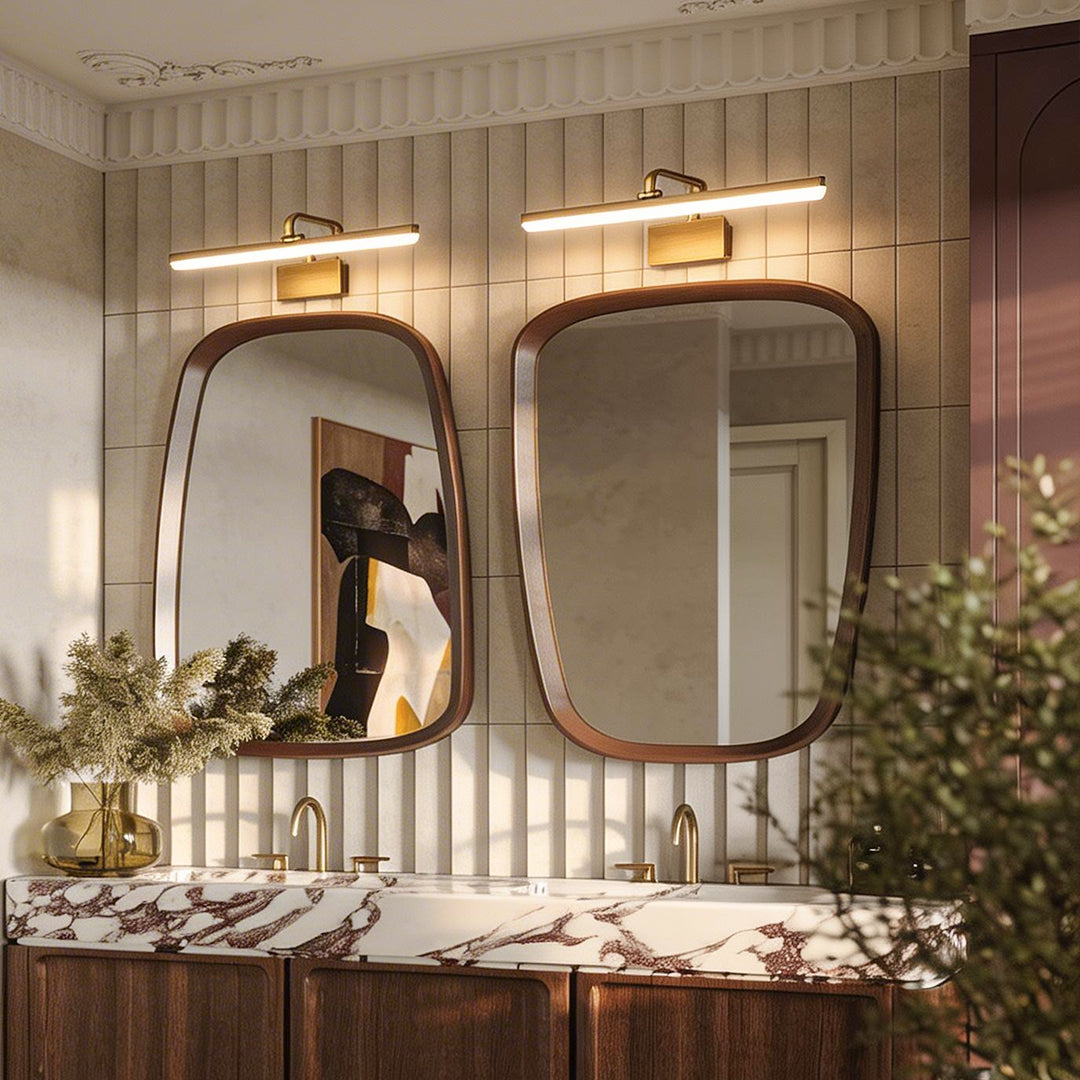 Modern Brass Curved Arm Light Bar Vanity Elegant Fixture Wall Lighting for Bathroom, Makeup, Dressing Room, Contemporary Home Décor, Stylish Illumination, LED Compatible, Adjustable, Luxury Lighting Design